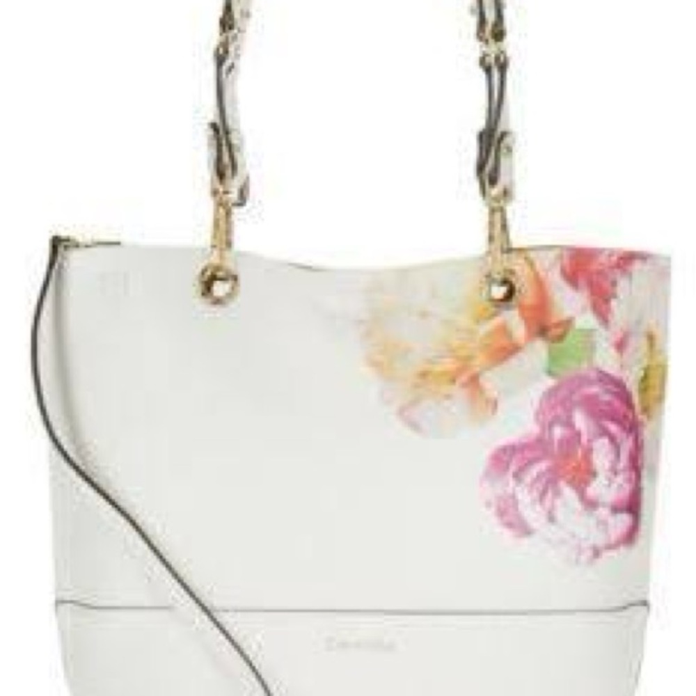 CALVIN KLEIN “Reversible”Floral Leather Tote Bag-White/Tan(Other Side)-READ!